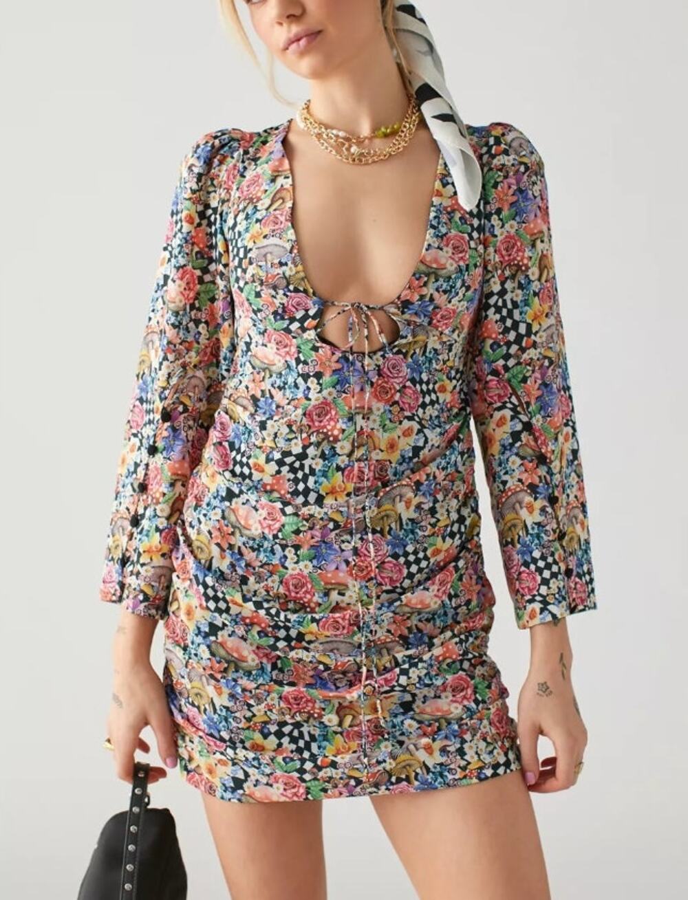 For Love and Lemons June Checkered Mini Dress Sz XS NWT Botanical Mushroom Print